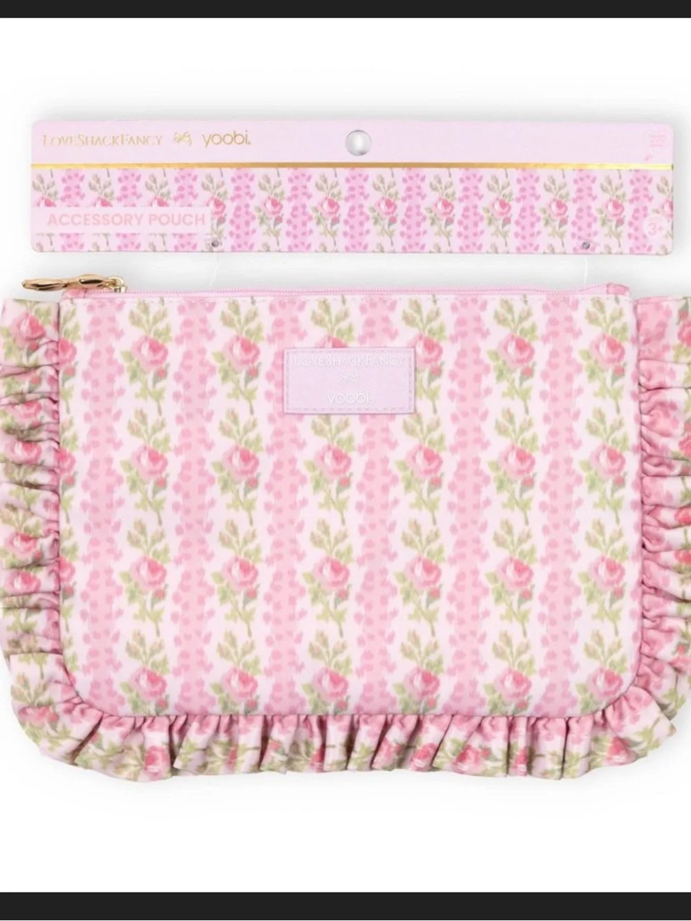 LoveShackFancy Pink Floral Ruffle Pouch with Gold Zip Pull
